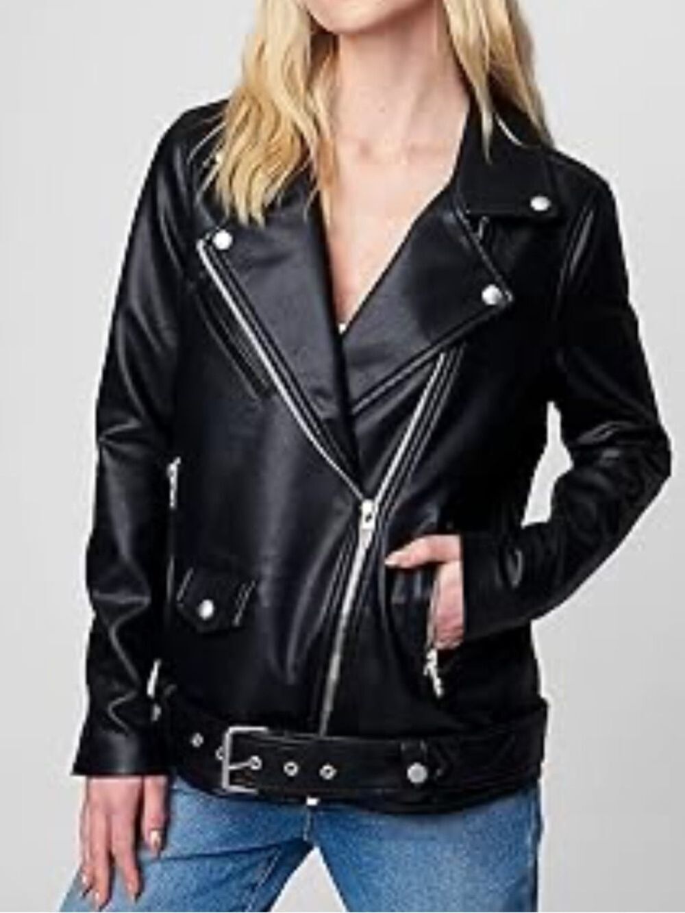 JOE FRESH Black Faux Leather Biker Jacket MOTO jacket with belt size large - Picture 11 of 11